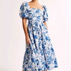 Abercrombie & Fitch Emerson Poplin Puff Sleeve Midi Dress Blue Floral M